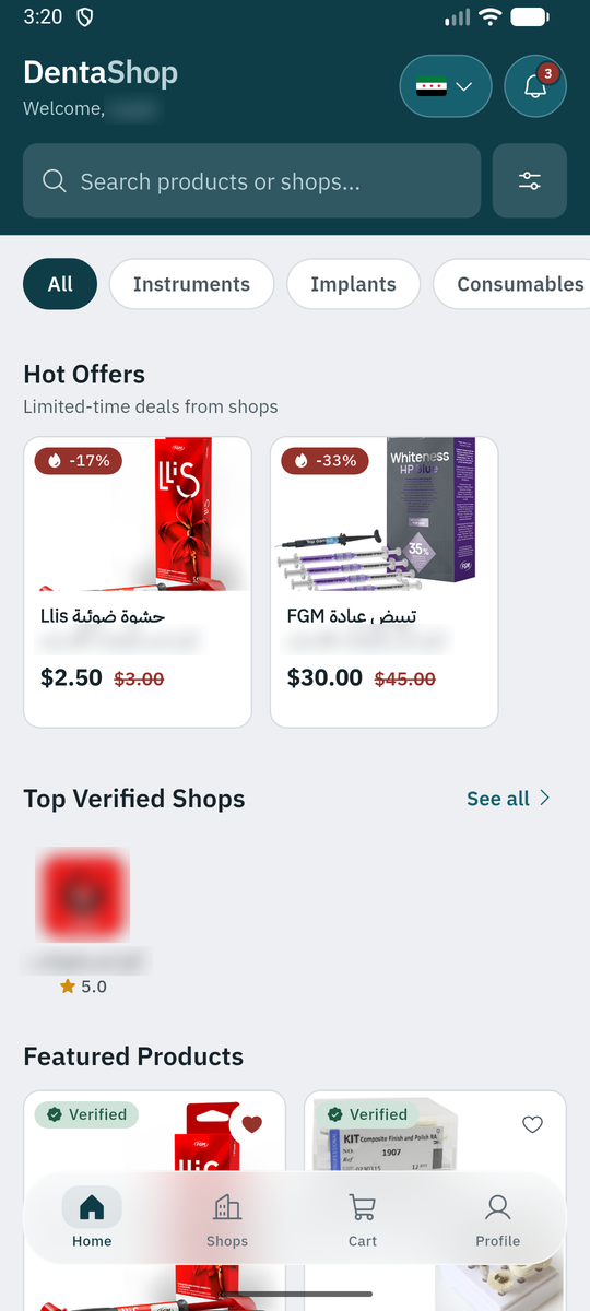 The DentaShop catalogue on a phone: categories, featured products and prices.