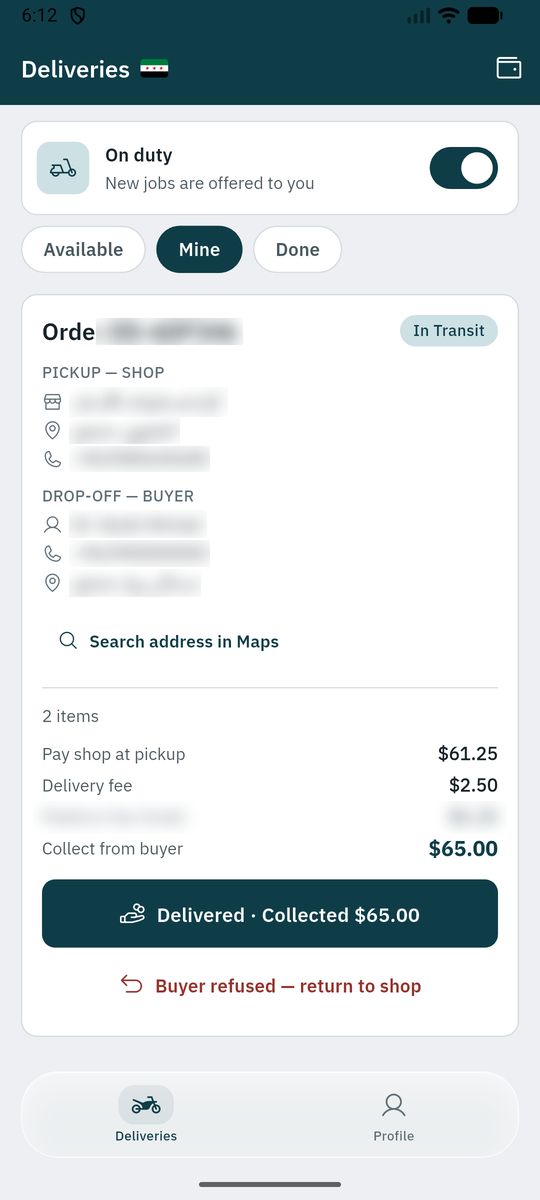 A job in transit: pickup at the shop, drop-off at the buyer, the figures, and Delivered · Collected.